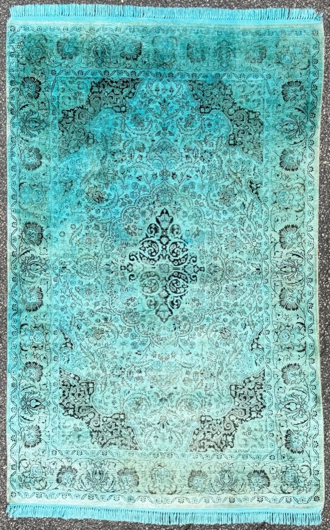 OVERDYED KASHMIR SILK HAND KNOTTED RUG WITH 200+ KPSI, 4.1 x 6.1 (124cm x 185cm): This overdyed Kashmir rug, was hand knotted in India of 100% silk on a cotton foundation. This rug has full wool piles and is in excellent condition. This rug has knots per square inch in ex