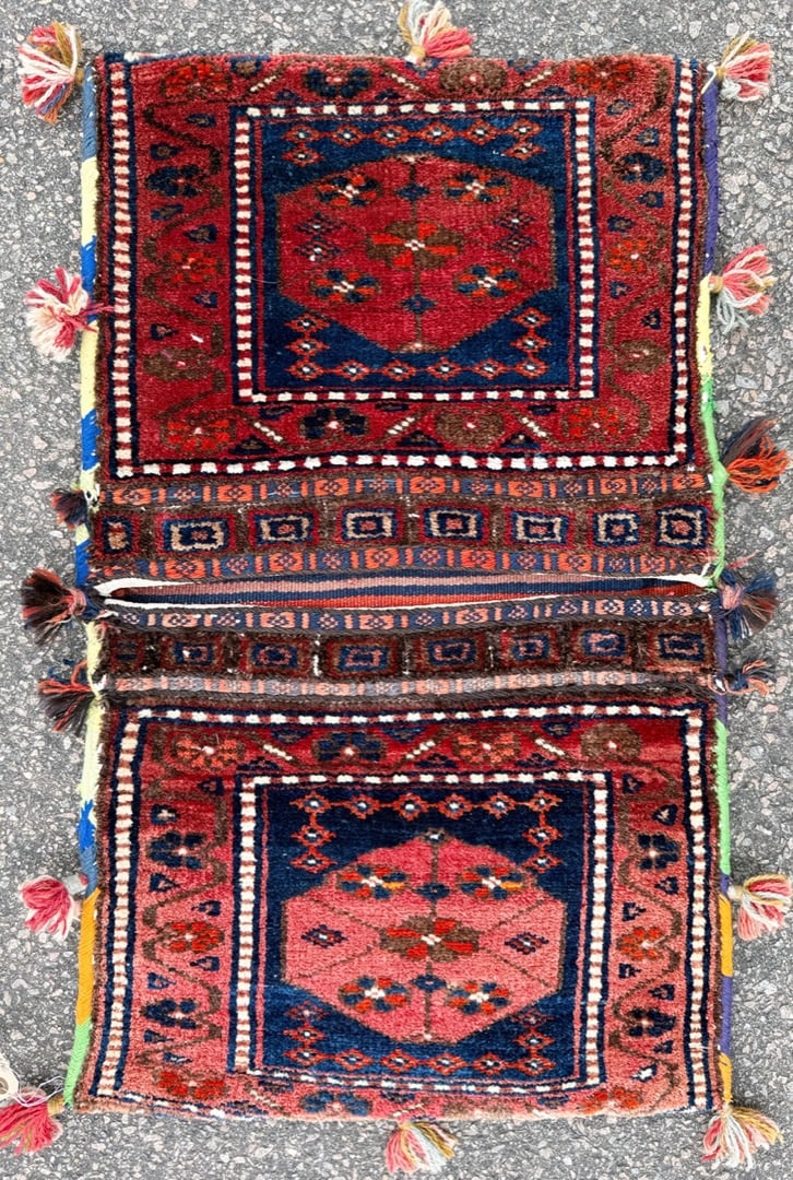 VINTAGE PERSIAN TRIBAL KHORJIN SADDLE BAG, HANDWOVEN AFSHAR NOMADIC DOUBLE-PANELED, 1.9 x 2.11 (53cm: Offered here is an authentic Persian, Afshar tribal saddle bag or “khorjin”. This saddle bag is handwoven in wool by nomadic weavers of the Afshar tribal tradition. This fully in