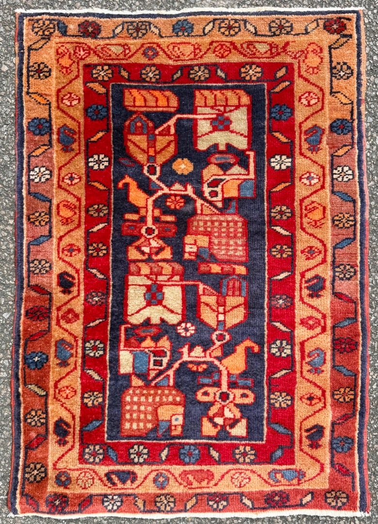 VINTAGE PERSIAN HAMADAN HAND KNOTTED PICTORIAL RUG WITH ANIMAL MOTIFS, 2.1 x 3.2 (64cm x 97cm): A Vintage, Persian Hamadan rug that was hand knotted in Persia (Iran) of 100% natural wool on a cotton foundation. This rug is 40+ years old, has medium wool piles and is in excellent condition for it