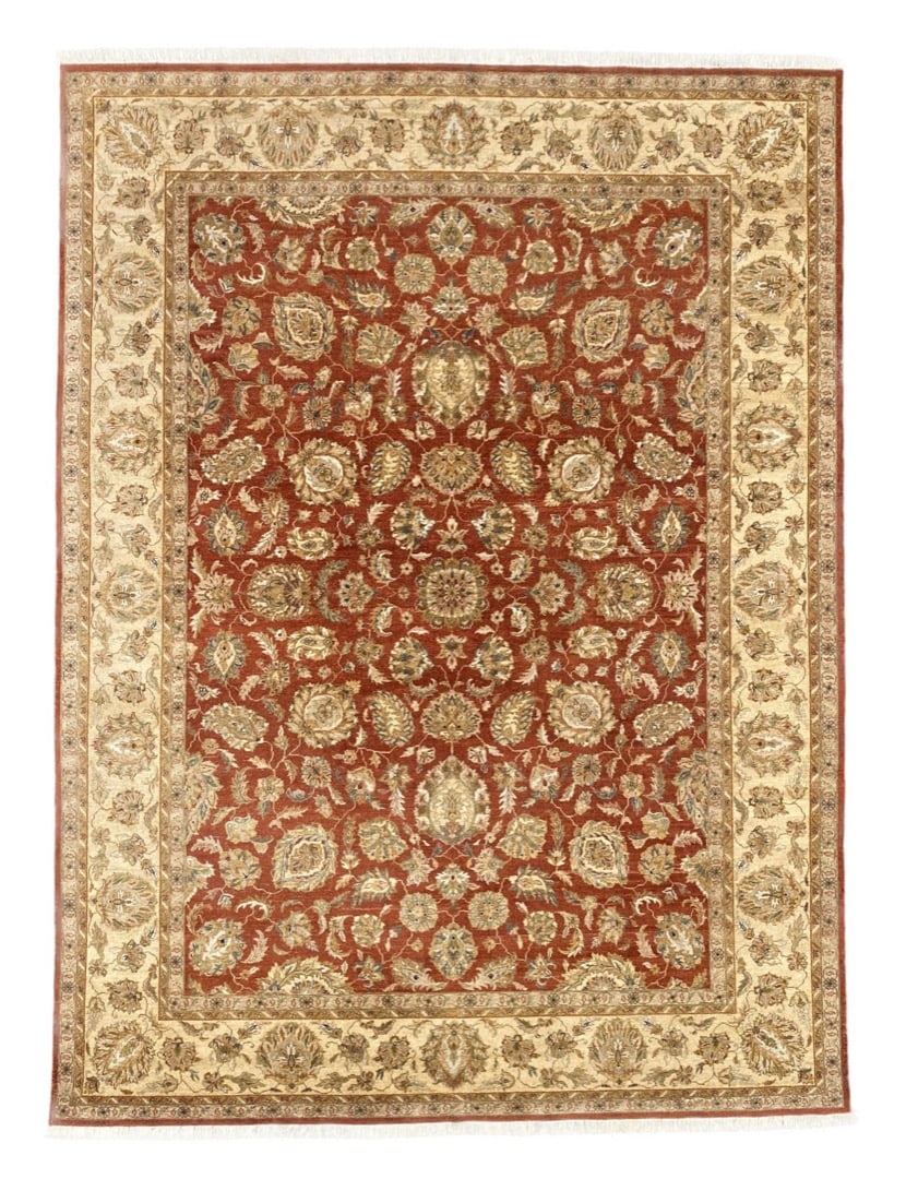TABRIZ HAND KNOTTED RUG – 8.11 x 11.11, 272cm x 363cm: Tabriz rug was hand knotted in India of 100 percent natural wool and has a cotton foundation. The rug has full, wool piles and is in like new condition. Beautiful colors with excel