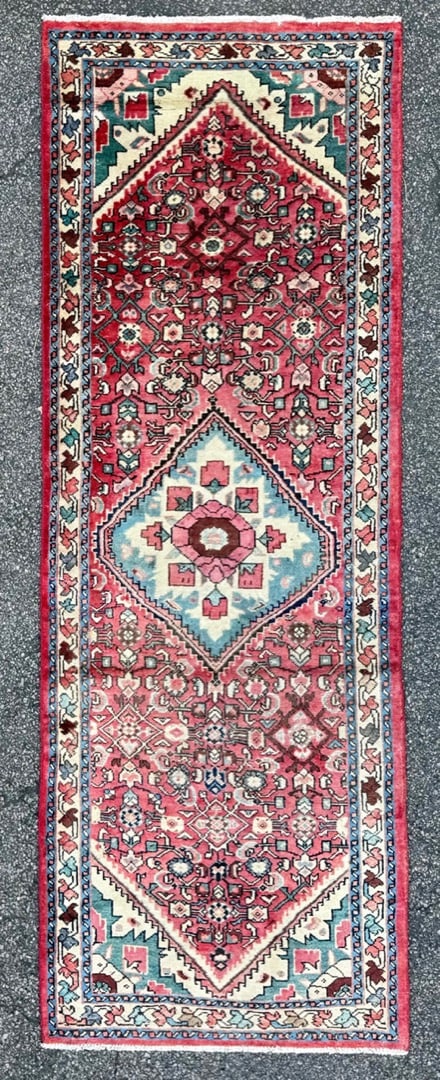 VINTAGE PERSIAN HAMADAN HAND KNOTTED RUNNER, 3.6 x 10.0 (107cm x 305cm): Vintage Persian Hamadan runner was hand knotted in Iran of 100 percent natural wool. This rug is 60+ years old, has full wool piles and is in excellent condition for its age. Beautiful colors wit