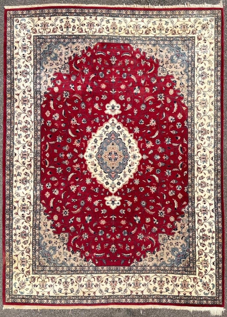 VINTAGE ISFAHAN HAND KNOTTED RUG, 9.0 x 12.5 (274cm x 378cm): Vintage Isfahan rug, was hand knotted in Pakistan of 100% natural wool on a cotton foundation. This rug is 60+ years old, has full wool piles and is in excellent condition for its age. Beautiful color