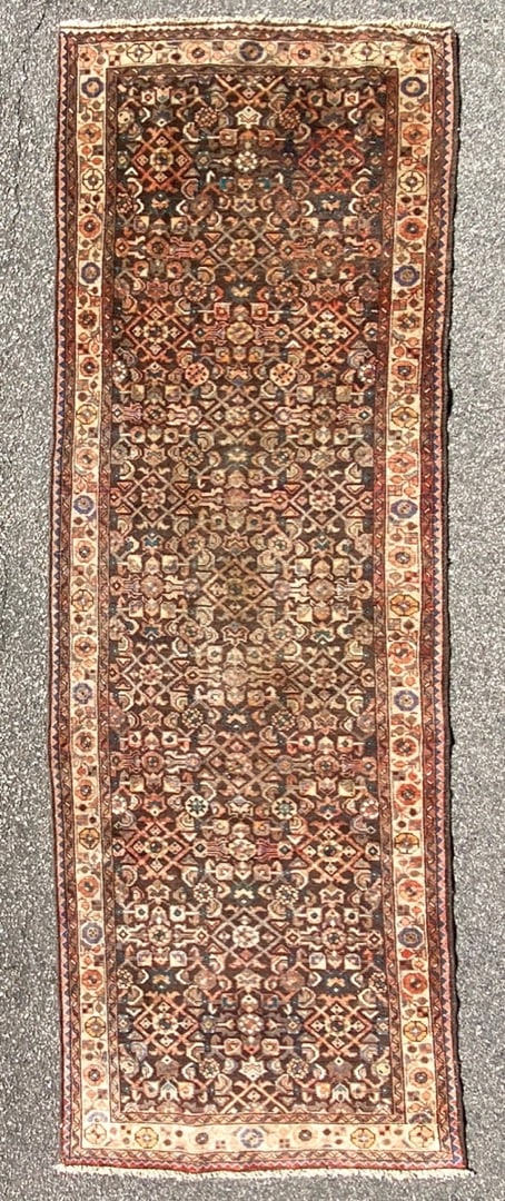 ANTIQUE PERSIAN BIDJAR HAND KNOTTED RUNNER, 3.7 x 10.3 (109cm x 312cm): Antique Persian Bidjar runner was hand knotted in Iran of 100% natural wool with a cotton foundation. This rug is 90+ years old and has medium wool piles and is in excellent condition for its age