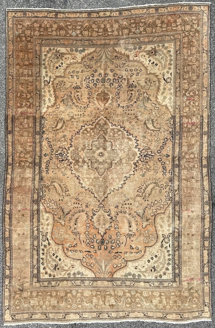 ANTIQUE PERSIAN TABRIZ HAND KNOTTED RUG, 6.5 x 9.8 (196cm x 295cm): Antique Persian Tabriz rug was hand knotted in Iran of 100 percent natural wool and has a cotton foundation. The rug is 110+ years old, has medium to low wool piles and is in excellent 
