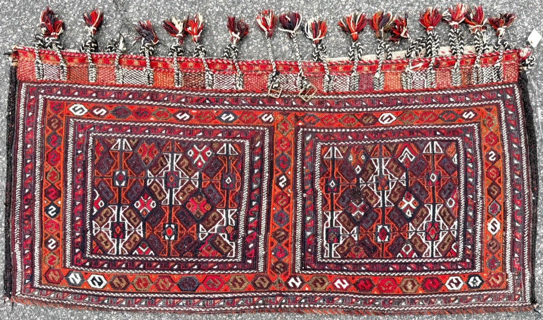 VINTAGE PERSIAN TRIBAL KHORJIN SADDLE BAG, HANDWOVEN, 2.5 x 5.1 (74cm x 155cm): Offered here is an authentic Persian tribal saddle bag or “khorjin”, handwoven in wool by nomadic weavers of southwestern Iran, likely within the Shiraz tribal weaving regio