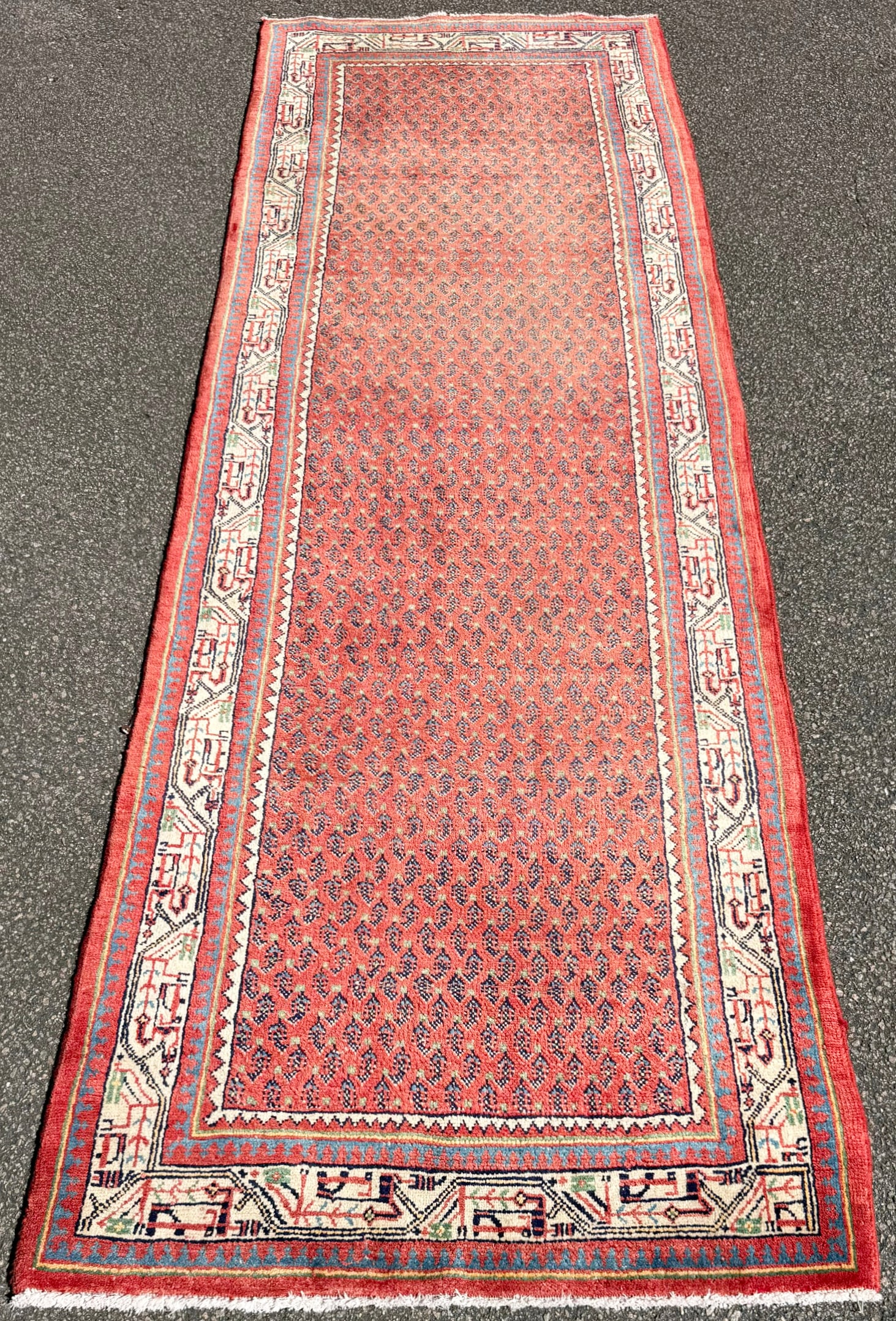 VINTAGE PERSIAN SARABAND MIR HAND KNOTTED RUNNER, 3.5 x 10.3 (104cm x 312m): Vintage Persian Saraband Mir runner was hand knotted in Iran of 100% natural wool on a cotton foundation. This rug is 60+ years old and has medium wool piles and is in excellent condition fo