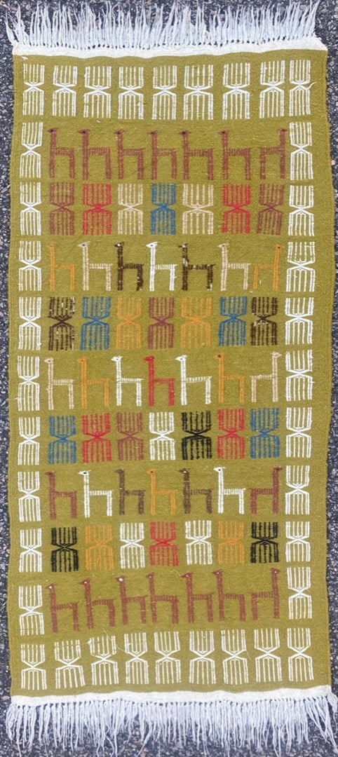 SOUMAK PICTORIAL FLAT WEAVE HAND KNOTTED RUG, 1.8 x 3.5 (51cm x 104cm): Tribal Soumak flat weave rug was hand knotted in Afghanistan of 100% natural wool and has perfect, flat weave wool piles and is in like new condition. Beautiful colors with excellent quality