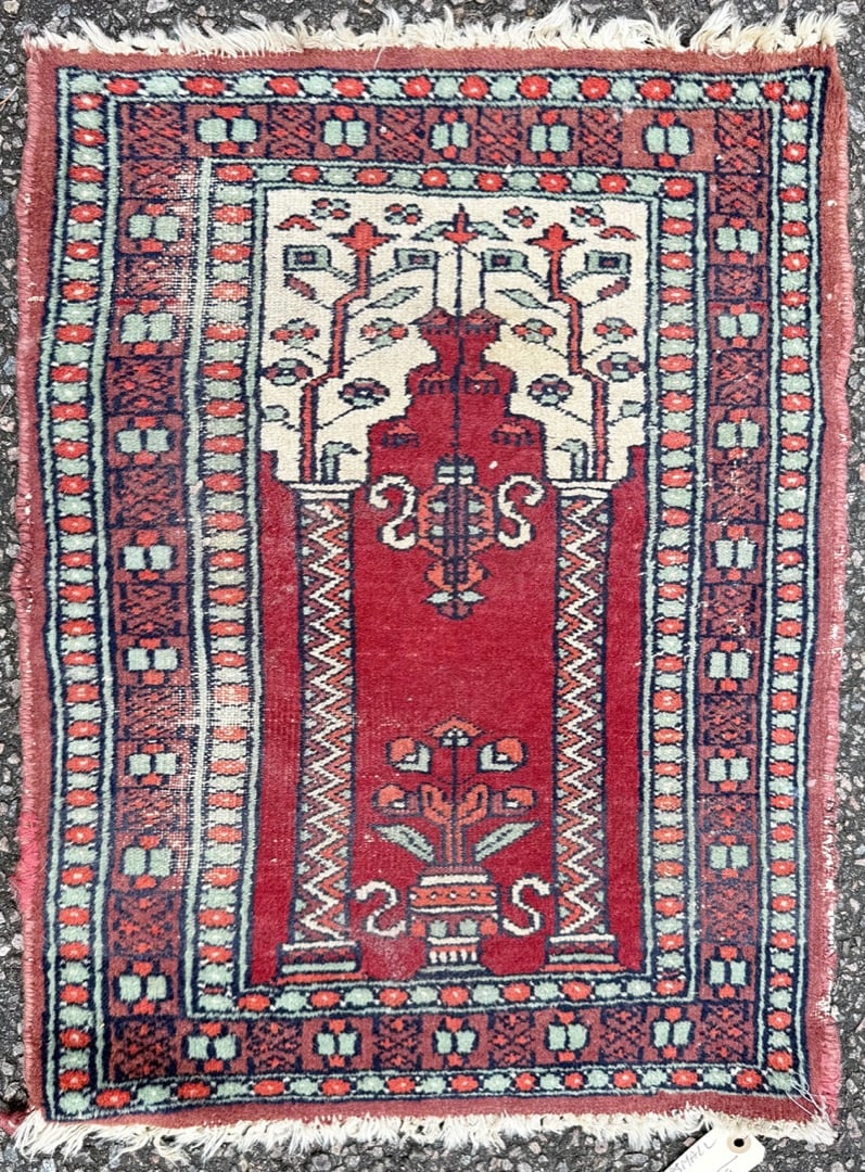 ANTIQUE CAUCASIAN SHIRVAN PRAYER RUG, HAND KNOTTED GEOMETRIC MIHRAB, 1.7 x 2.2 (48cm x 66cm): A finely hand-knotted Caucasian tribal prayer rug, likely originating from the Shirvan / Kuba weaving region (Azerbaijan area), featuring a classic mihrab (prayer niche) design rendered in bold geomet