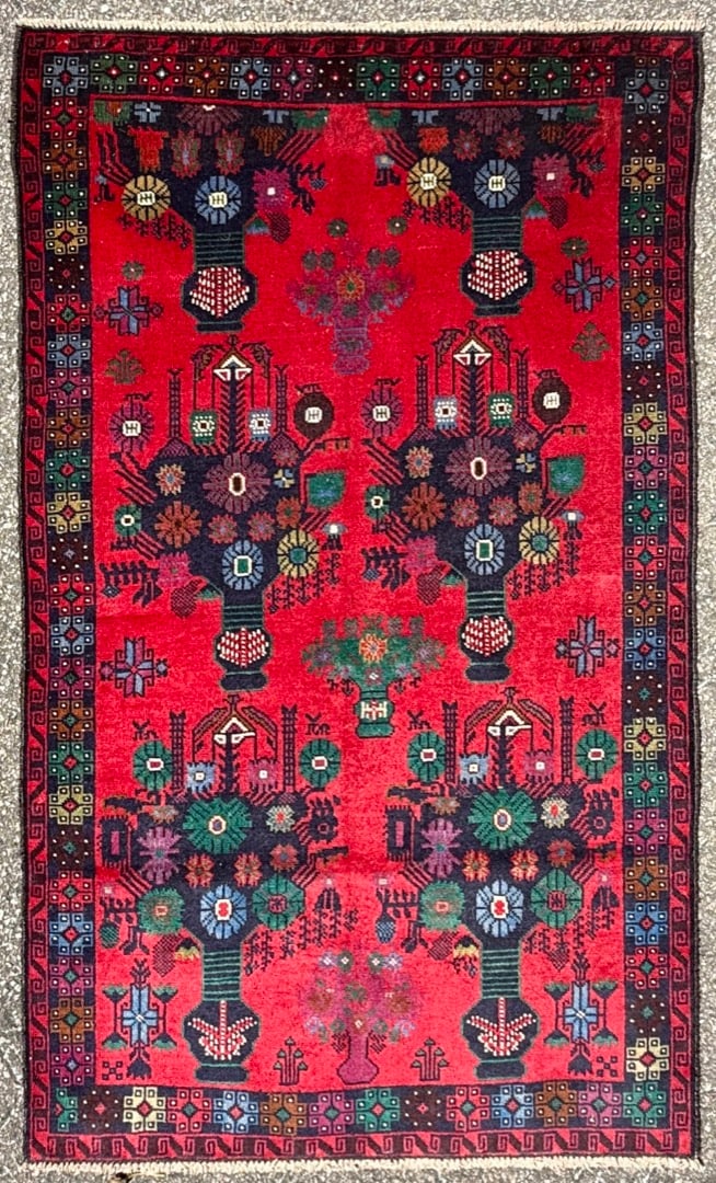VINTAGE AFGHANI BALOUCH HAND KNOTTED TRIBAL RUG, JEWEL-TONE FOLK ART MASTERPIECE, 3.5 x 5.9 (104cm x: A visually captivating hand-knotted Afghan tribal rug featuring an extraordinary Tree of Life composition rendered in a rich palette of crimson, sapphire, emerald, aubergine, ivory, and rose. Handwove