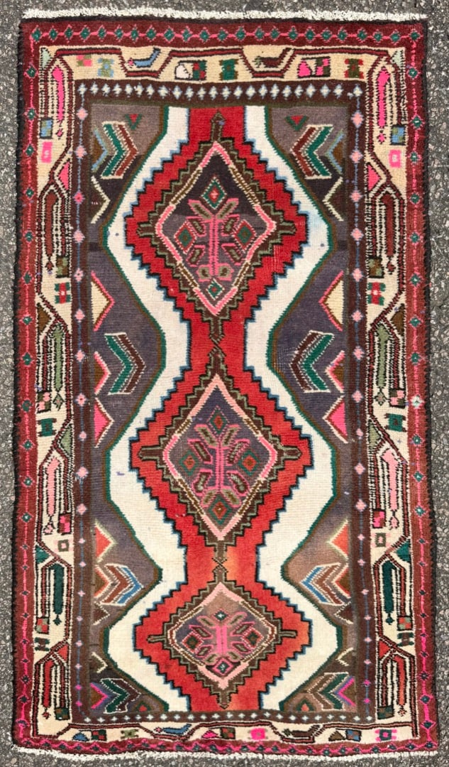 ANTIQUE PERSIAN KURDISH RUG, 2.6 x 4.4 (76cm x 132cm): Antique Persian Kurdish rug was hand knotted in Iran of 100% natural wool. This rug is 80+ years old, has medium wool piles and is in excellent condition for its age. This rug features a dramatic