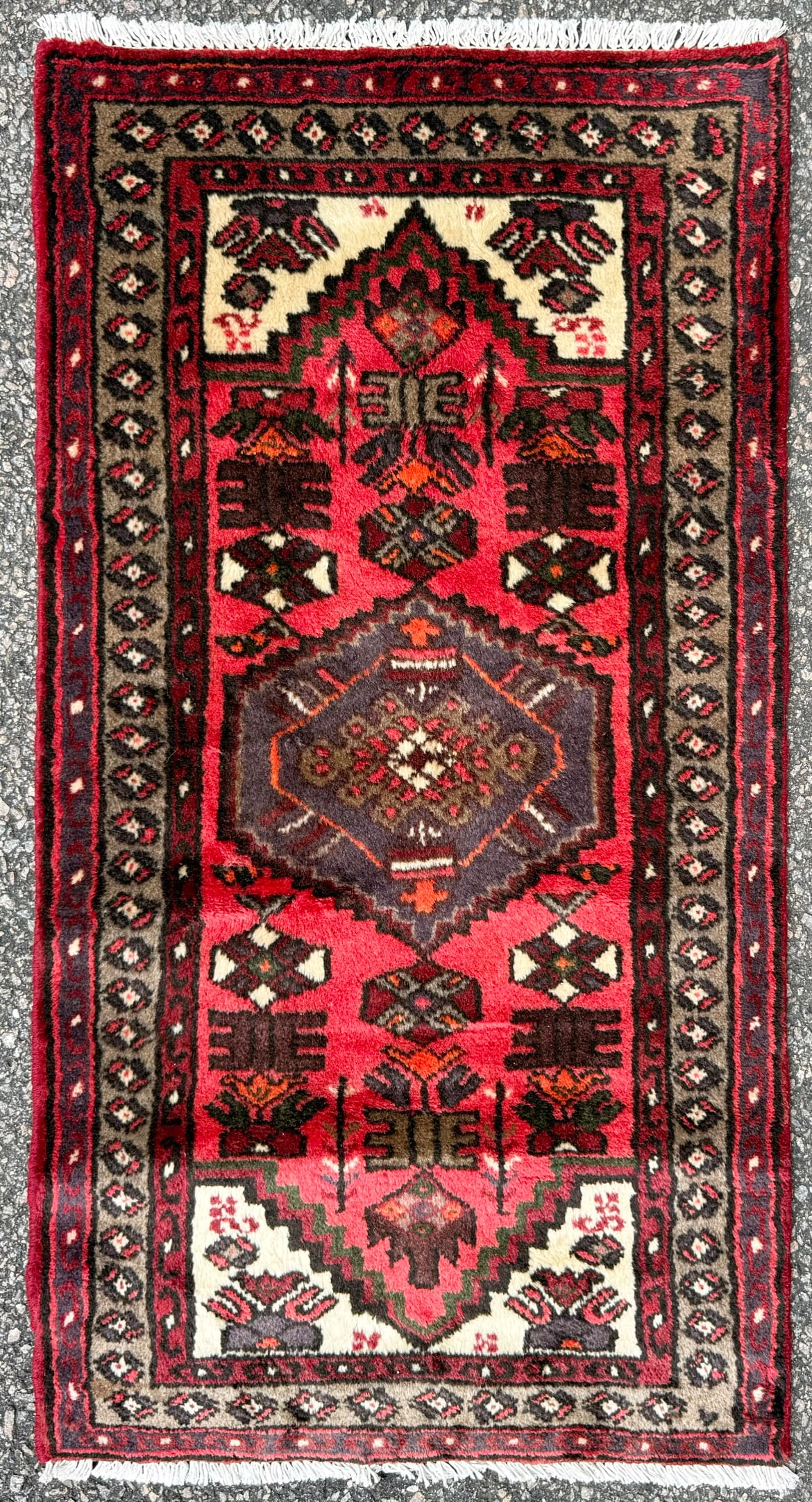 VINTAGE PERSIAN HAMADAN HAND KNOTTED RUG, 2.2 x 4.0 (66cm x 122cm): Vintage Persian Hamadan rug was hand knotted in Iran of 100 percent natural wool. This rug is 60+ years old, has full to medium wool piles and is in excellent condition for its age. This rug has 