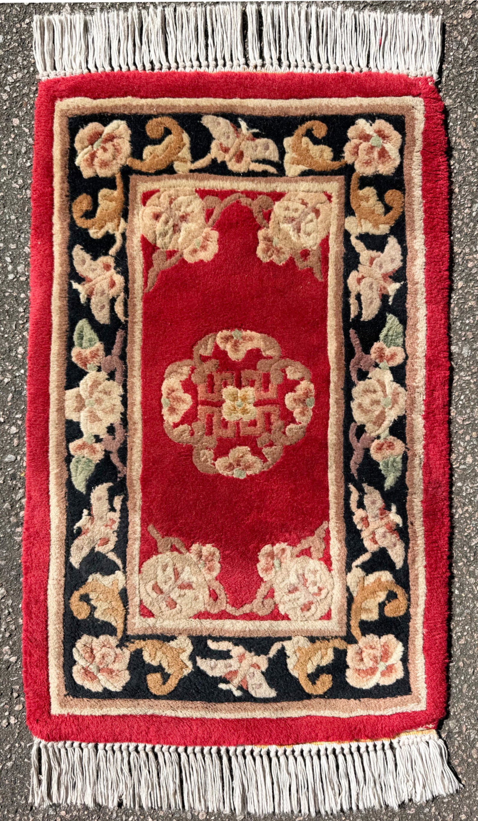 SINO ART DECO HAND TUFTED RUG, 1.10 x 3.7 (56cm x 109cm): This hand tufted Chinese Art Deco carpet is built around a red field. This creates a calm, uninterrupted plane of color that instantly grounds a space without overwhelming it. The composition is inten