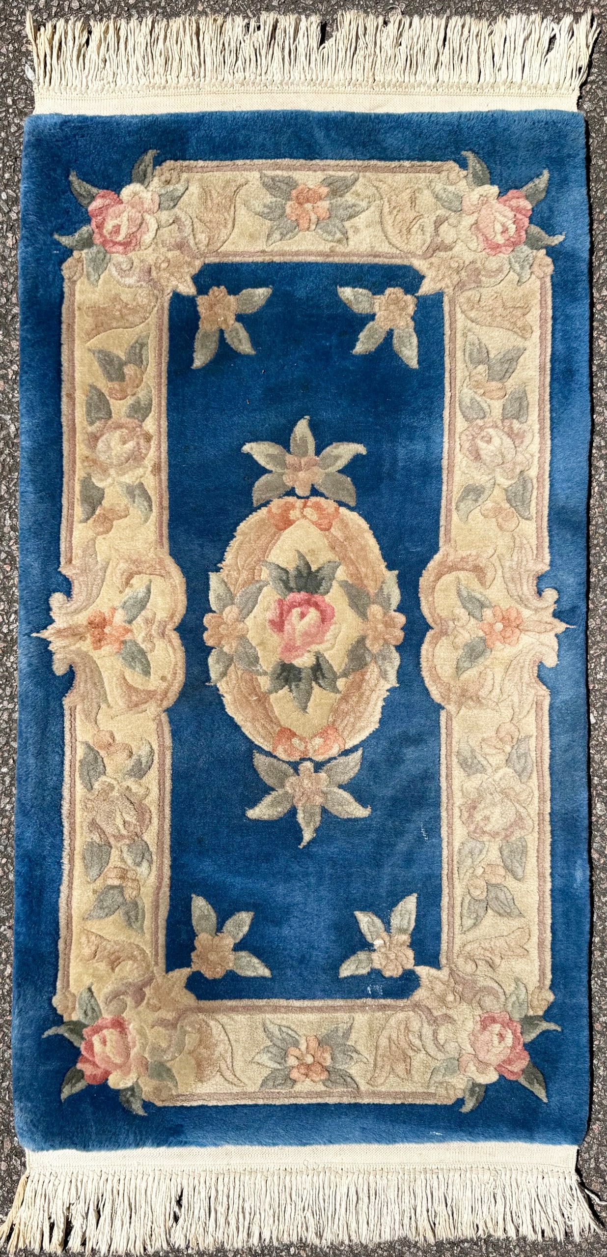 SINO ART DECO 90 LINE, HAND KNOTTED RUG, 2.3 x 4.8 (69cm x 142cm): This 90-line, Chinese Art Deco carpet is built around a blue field. This creates a calm, uninterrupted plane of color that instantly grounds a space without overwhelming it. The composition is intenti