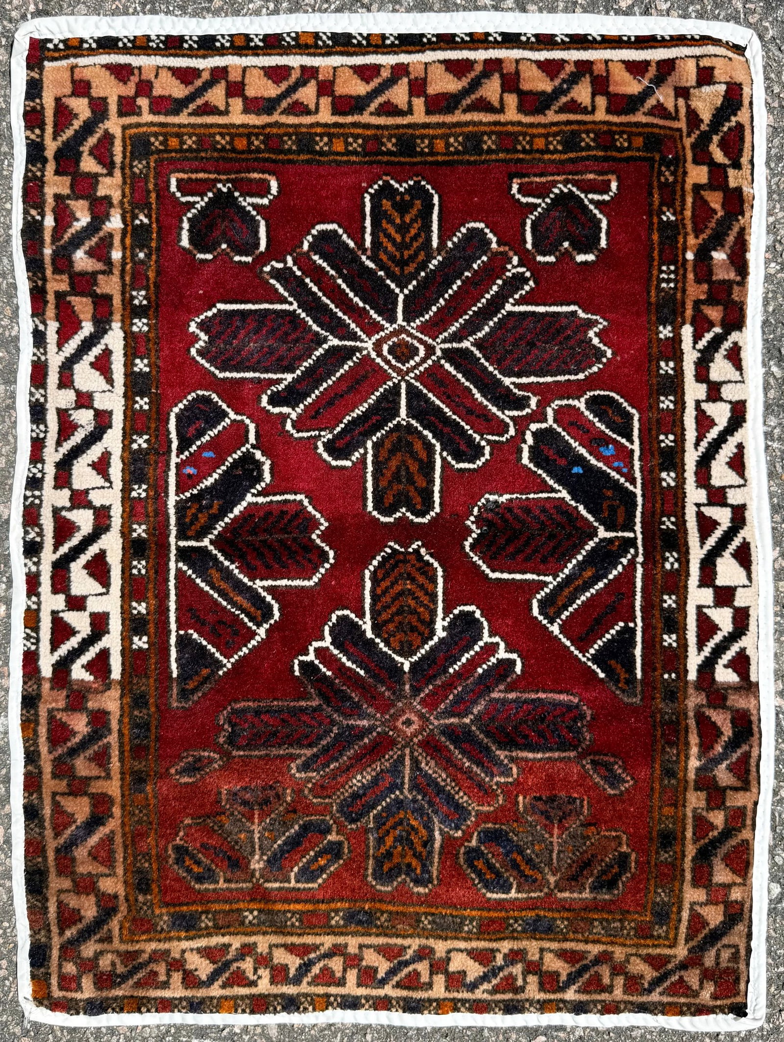 AFGHANI BALOUCH HAND KNOTTED TRIBAL RUG, RED, OXBLOOD, IVORY AND ESPRESSO PALETTE, 2.0 x 2.8 (61cm x: An exceptionally decorative hand-knotted Afghan Baluch tribal rug showcasing a dramatic field of deep red, espresso, oxblood, burgundy, and ivory tones arranged within a highly architectural tribal co