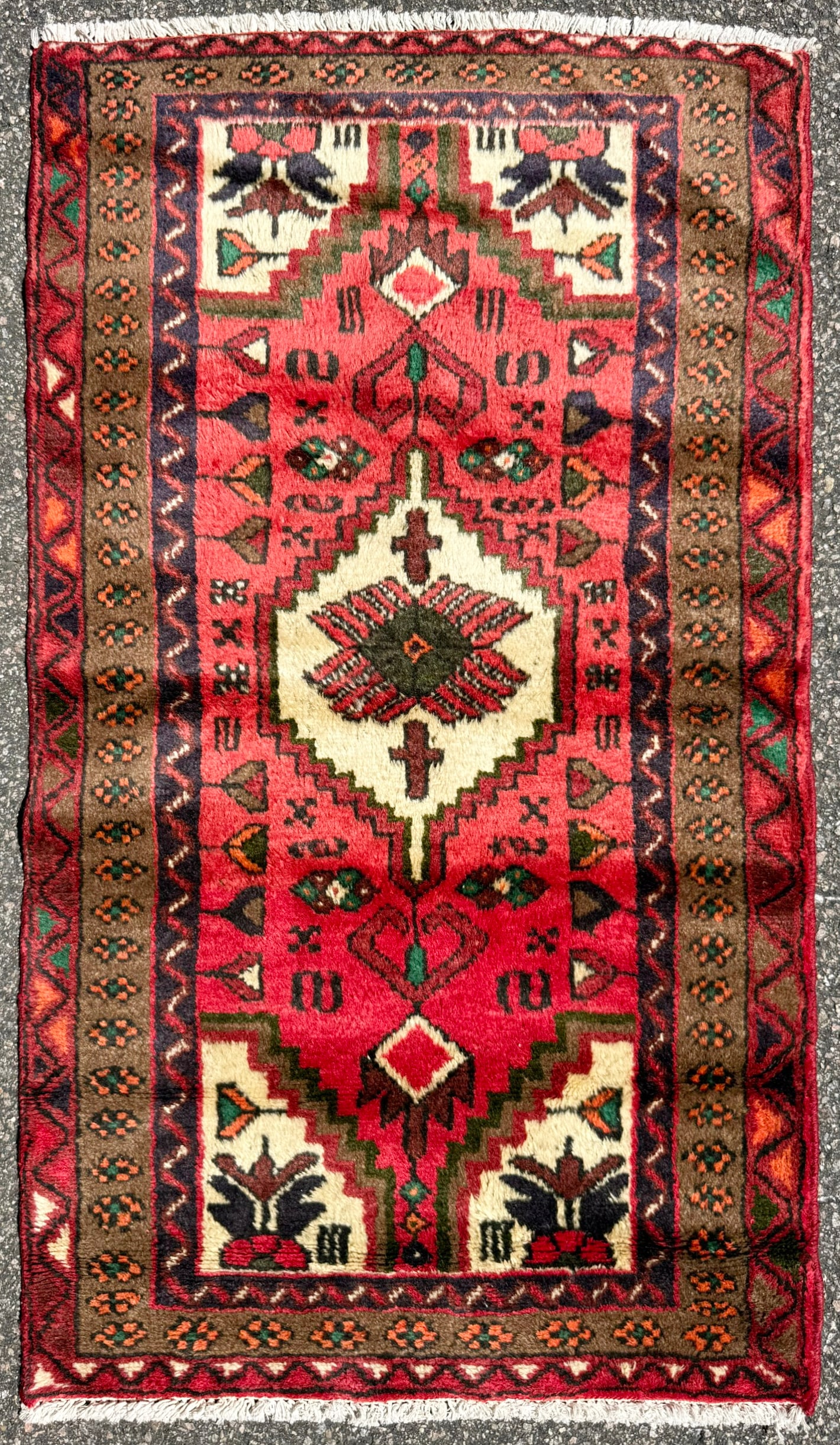 VINTAGE PERSIAN HAMADAN TRIBAL HAND KNOTTED RUG, 2.4 x 4.2 (71cm x 127cm): Vintage Persian Hamadan rug was hand knotted in Iran of 100% natural wool on a cotton foundation. This rug is 60+ years old, has medium wool piles and is in excellent condition for its age. The c