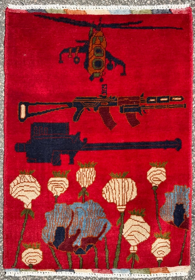 AFGHAN HAND-KNOTTED WAR RUG WITH HELICOPTER, KALASHNIKOV & POPPY FIELD MOTIF, 2.0 x 2.9 (61cm x (1 of 3)