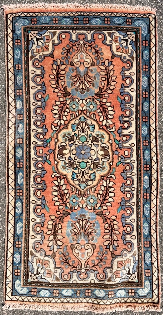 VINTAGE PERSIAN MALAYER HAND KNOTTED RUG, 2.3 x 4.4 (69cm x 132cm): Offered here is a vintage Persian Hamadan Malayer runner was hand knotted in Iran of 100% natural wool. This rug is 60+ years old, has medium wool piles and is in excellent condition for its age.