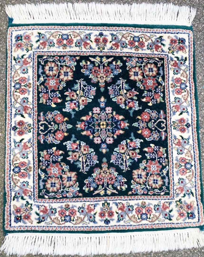 KASHAN HAND KNOTTED RUG – 2.0 x 2.7: This Kashan Rug was hand knotted in India of 100% natural wool on a cotton foundation. It has full wool piles and is in like new condition. Beautiful colors with highest quality. No holes, p
