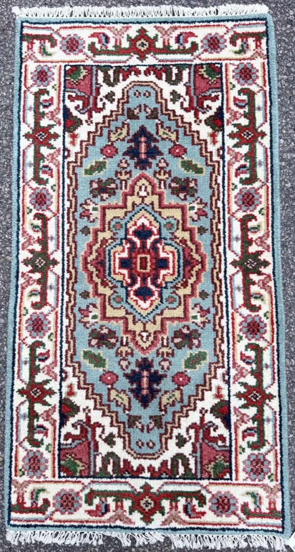 KAZAK HAND KNOTTED RUG, NEW, 2.0 x 4.0 (61cm x 122cm): Brand new Kazak rug was hand knotted in India of 100% natural wool on a cotton foundation. The rug has full wool piles and is new condition. It is made with excellent quality, nice and soft. This