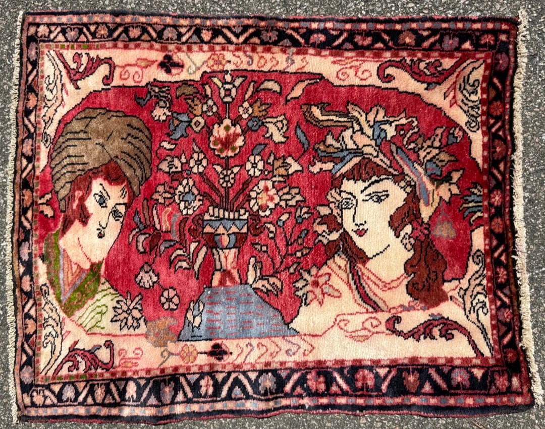 ANTIQUE PERSIAN OMAR KHAYYAM PICTORIAL, HAND-KNOTTED WOOL RUG WITH RUBAIYAT LITERARY SCENE, 2.8 x: Offered here is an exceptional antique, hand-knotted Persian pictorial rug depicting a romantic courtly scene inspired by the enduring literary legacy of Omar Khayyam, one of Persia's most celebrated 
