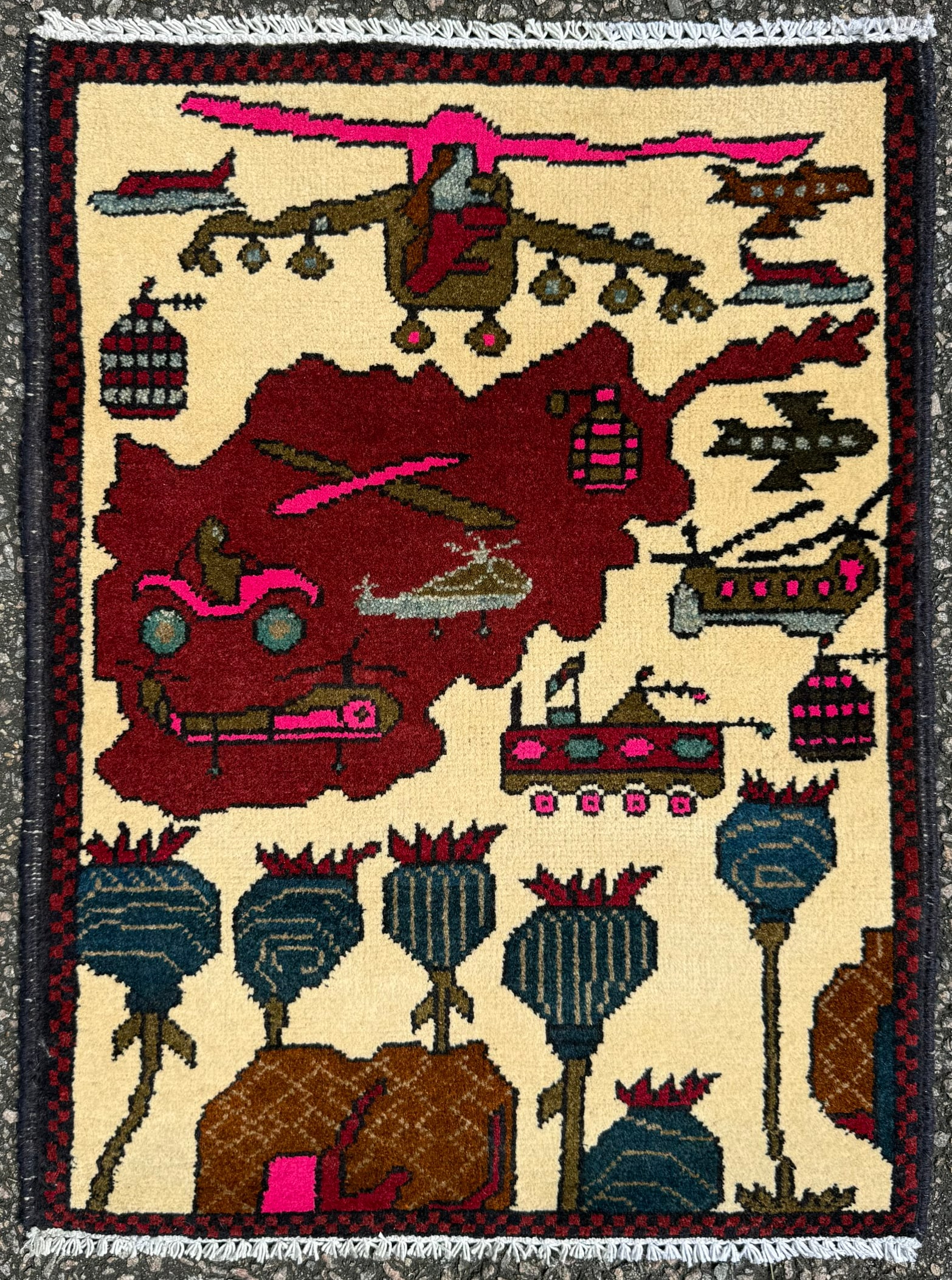 AFGHAN HAND-KNOTTED PICTORIAL WAR RUG WITH HELICOPTER & POPPY FIELD MOTIF, 2.0 x 2.10 (61cm x 86cm) (1 of 4)