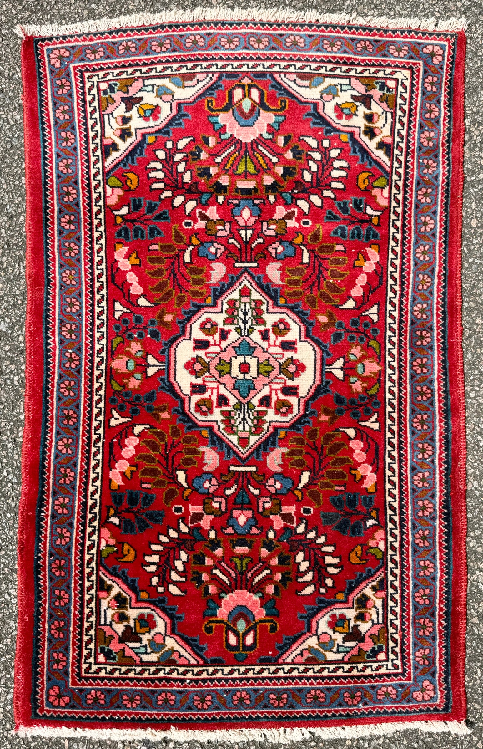 VINTAGE PERSIAN MALAYER HAND KNOTTED RUG, 2.5 x 4.2 (74cm x 127cm): Vintage Persian Hamadan Malayer rug was hand knotted in Iran of 100 percent natural wool. This rug is 60+ years old, has medium wool piles and is in excellent condition for its age. The rug featu