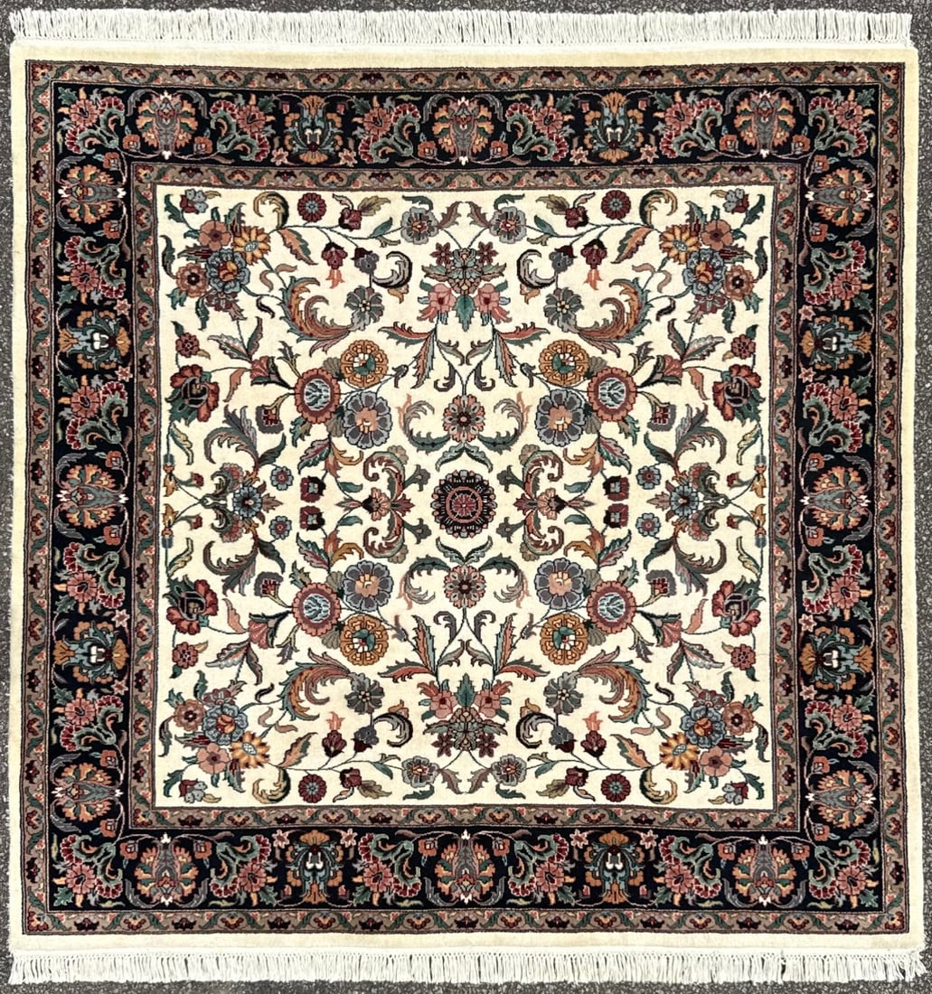 SQUARE KASHAN HAND KNOTTED RUG, 5.11 x 6.11 (180cm x 180cm): Offered here is a square, Kashan Rug was hand knotted in India of 100 percent natural wool on a cotton foundation. It has full wool piles and is in like new condition. Beautiful colors with 