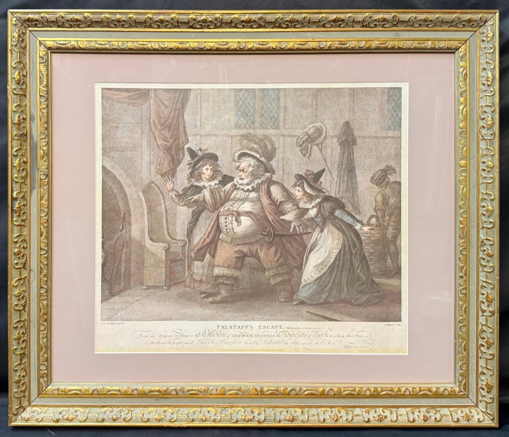 1792 HENRY WILLIAM BUNBURY, JOHN CHAPMAN FALSTAFF?S ESCAPE, HAND-COLORED SHAKESPEARE ENGRAVING, 24IN: Offer here is an exceptional 18th-century British Shakespearean engraving, titled “Falstaff’s Escape,” depicting the celebrated comic episode from William Shakespeare’s The Mer
