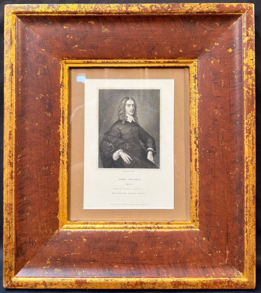 1829 WILLIAM HOLL ENGRAVING OF JOHN SELDEN AFTER DANIEL MYTENS, BODLEIAN LIBRARY OXFORD, 14.5IN x: A striking marriage of English history, Old World scholarship, and sophisticated interior design, this handsome antique portrait engraving depicts the celebrated 17th-century English jurist, historian