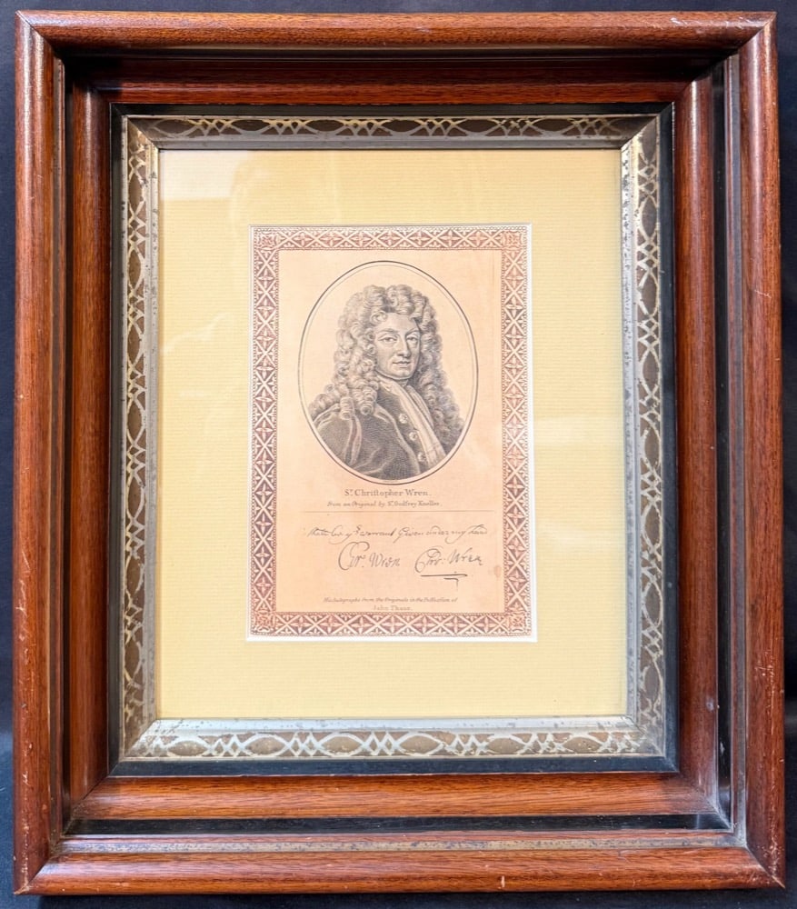 SIR CHRISTOPHER WREN ANTIQUE ENGRAVING BY JOHN SWAINE, AFTER SIR GODFREY KNELLER, 14IN x 16IN (36cm: Offered here is an exceptionally handsome antique British portrait engraving depicting Sir Christopher Wren (1632–1723), the legendary architect of St. Paul’s Cathedral and one of the most