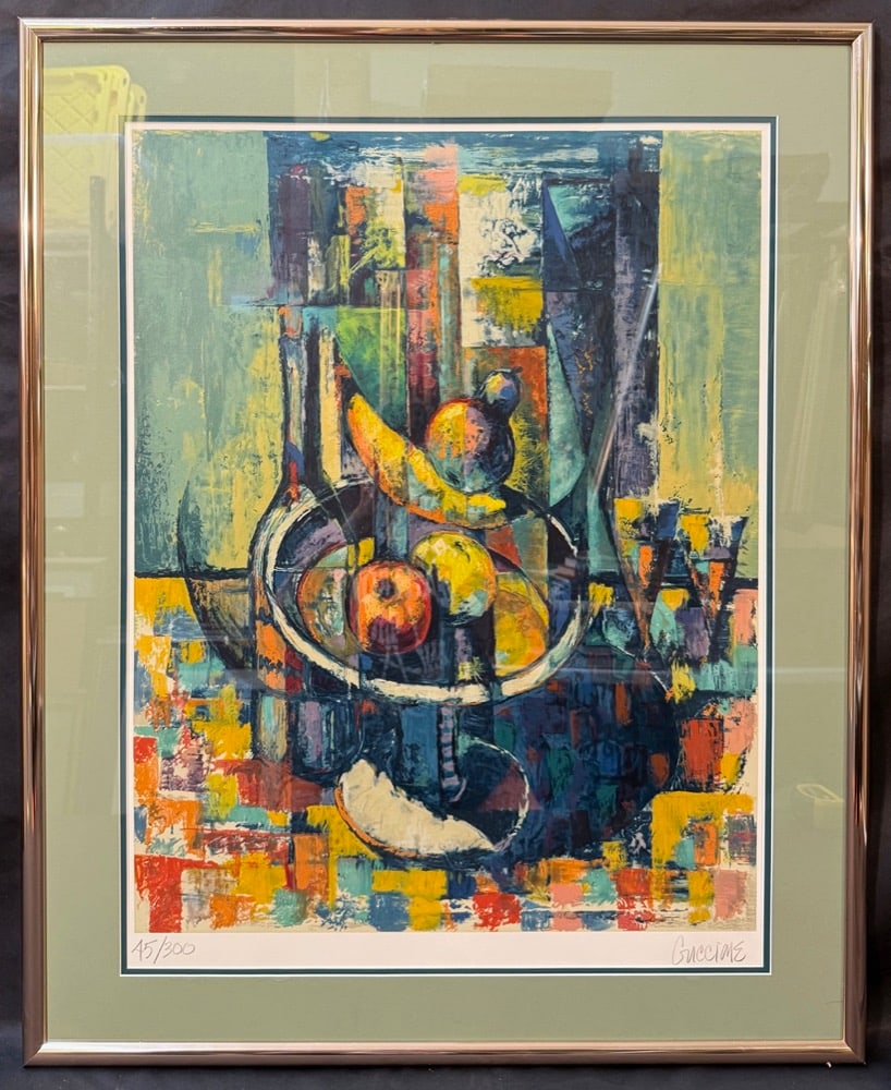 BOB GUCCIONE (1930?2010) SIGNED, LIMITED EDITION LITHOGRAPH STILL LIFE, EDITION 45/300, 30IN x 37IN: A vibrant and highly decorative limited-edition color lithograph by acclaimed American artist Bob Guccione, best known internationally as the founder of Penthouse Magazine and an accomplished painter 