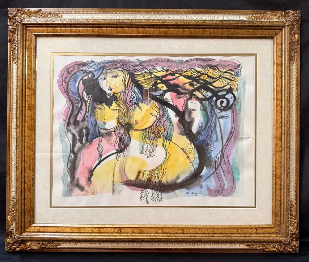 BATIA MAGAL ORIGINAL WATERCOLOR ON PAPER, SURREAL FEMININE COMPOSITION, 29IN x 34.5IN (74cm x 88cm): An enchanting original watercolor by internationally recognized artist Batia Magal, celebrated for her dreamlike compositions that blend feminine beauty, mythology, and symbolism into richly imaginati