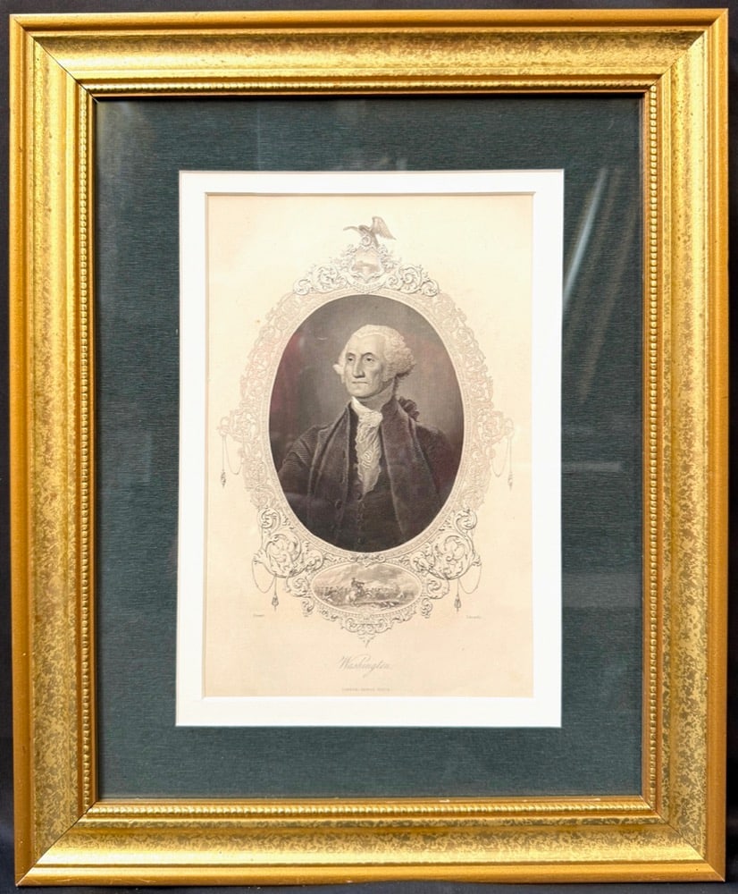 19TH CENTURY GEORGE WASHINGTON STEEL ENGRAVING, ?TRENTON? VIGNETTE BY GEORGE VIRTUE, LONDON, 13.5IN: A commanding mid-19th century steel engraving portrait of George Washington, published in London by George Virtue, presented within an elaborate Federal-style ornamental cartouche and housed in a subs