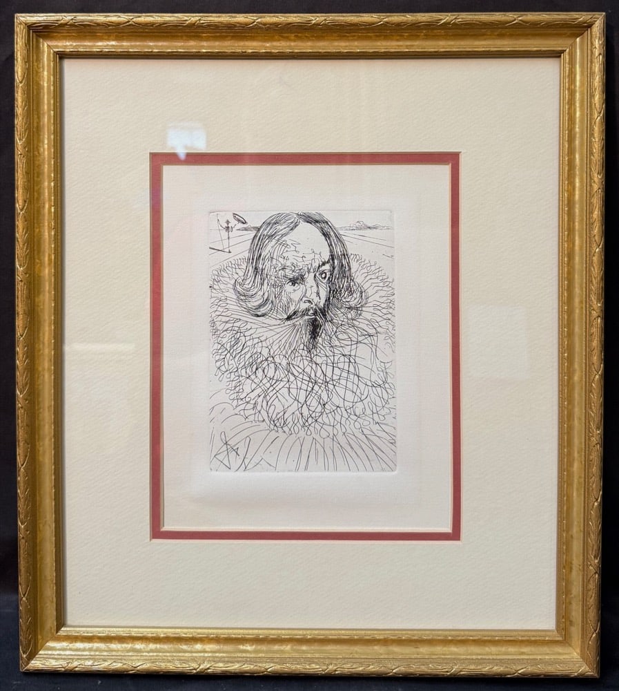 SALVADOR DALI (1904-1989) ORIGINAL ETCHING TITLED CERVANTES WITH COA, 14.75IN x 16.75IN (37.5cm x: Salvador Dali (1904-1989) original etching which is titled Cervantes, after the original that was created in 1966. It is signed in plate in the lower left. The work is part of a series titled "The Fiv