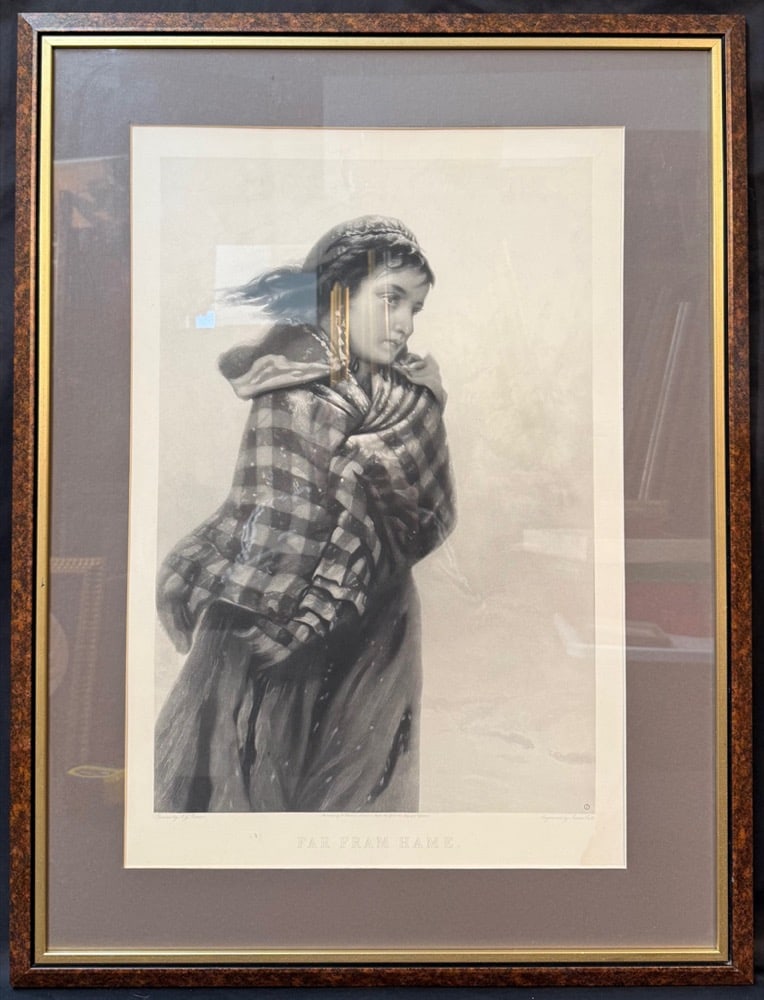 ANTIQUE 1884 FAR FROM HOME STEEL ENGRAVING, AFTER JOHN GEORGE BROWN, VICTORIAN SENTIMENTAL GENRE: A deeply evocative Victorian sentimental engraving after John George Brown’s celebrated composition Far From Home, capturing a solitary young girl wrapped against the wind—her expression p