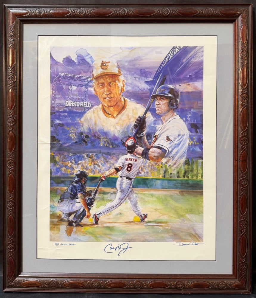 DOUG CAVANAGH (1959) CAL RIPKEN JR HAND SIGNED ARTIST?S PROOF PRINT, 21.5IN x 24IN (53cm x 61cm): This striking limited-edition fine art print honors baseball legend Cal Ripken Jr., celebrating his iconic career through a dynamic watercolor composition by noted sports artist Doug Cavanag
