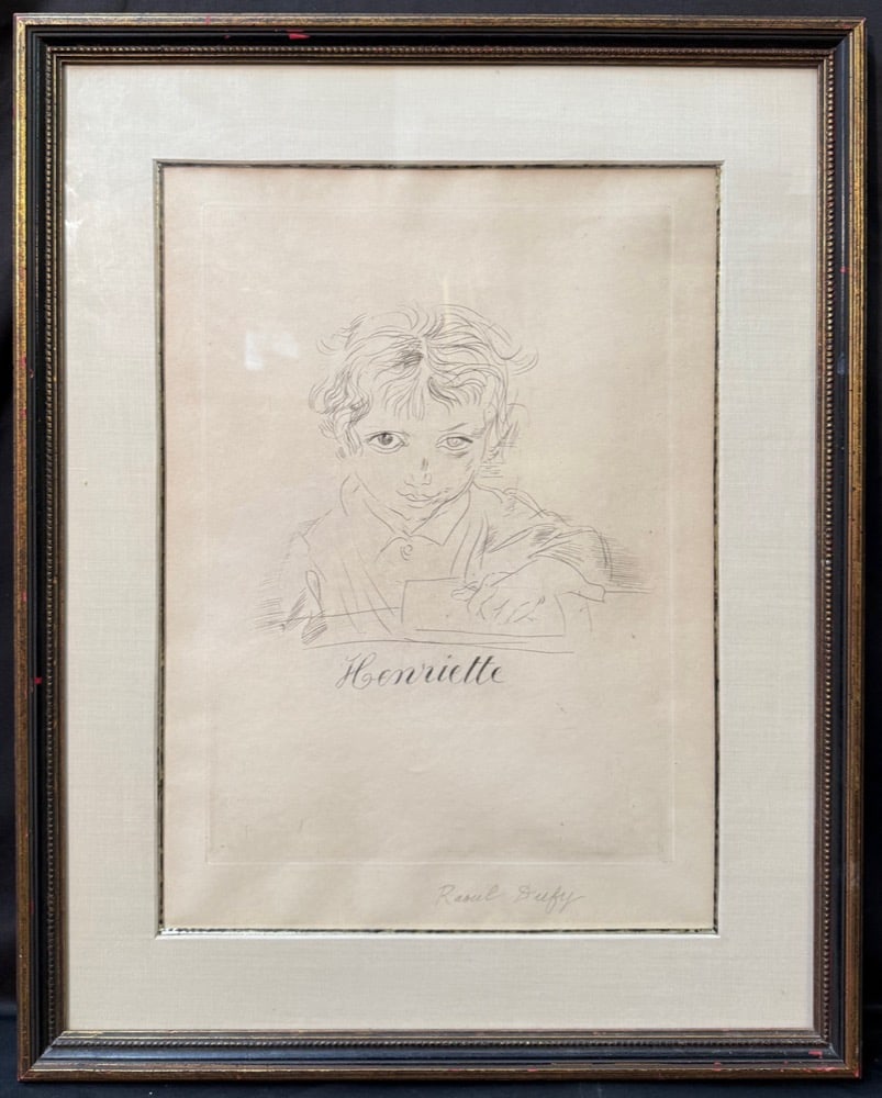 RAOUL DUFY (1877-1953) HAND SIGNED ETCHING TITLED HENRIETTE WITH COA, 19.5IN x 24IN (49cm x 61cm): Raoul Dufy (1877-1953) hand signed etching titled Henriette. It is hand signed in pencil in the lower right corner of the etching. This piece was impressed in 1927. The plate measures approximately 15