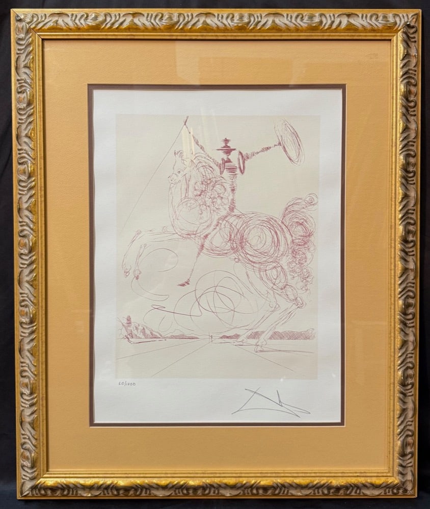 SALVADOR DALI (1904-1989) LIMITED EDITION, COLOR LITHOGRAPH TITLED DON QUIXOTE, 24IN x 29IN (61cm x: Surrealist composition illustrating Don Quixote rendered as a rearing, highly stylized horse formed from looping, calligraphic linework, set within a barren desert landscape defined by sharp