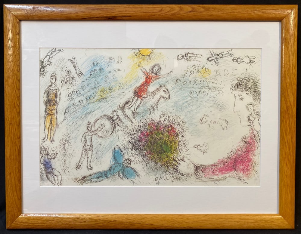 MARC CHAGALL (1887-1985) ORIGINAL LITHOGRAPH TITLED L?AME DU CIRQUE, 24.5IN x 28IN (62cm x 71cm): Marc Chagall (1887-1985) original, limited-edition lithograph. It is titled L’Ame du Cirque and it was produced by Maeght Editeur, Paris for Derriere Le Mirior number 246. This piece was produce