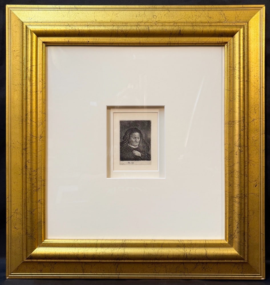 REMBRANDT VAN RIJN TITLED ?ARTIST?S MOTHER WITH HAND ON HER CHEST? ETCHING, 21IN x 22IN (53cm x: A compelling Old Master portrait study by Rembrandt van Rijn, depicting the deeply expressive “Artist’s Mother With Hand on Her Chest”, dated 1631 in the plate. It is still one of th