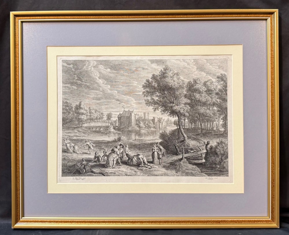PETER PAUL RUBENS (1577-1640) ENGRAVING AND ETCHING TITLED MUSICAL PARTY BEFORE A CASTLE, 22.5IN x: This is a superb, richly detailed 17th-century impression of Musical Party before a Castle, one of the finest plates from the celebrated Small Landscapes series designed by Peter Paul R