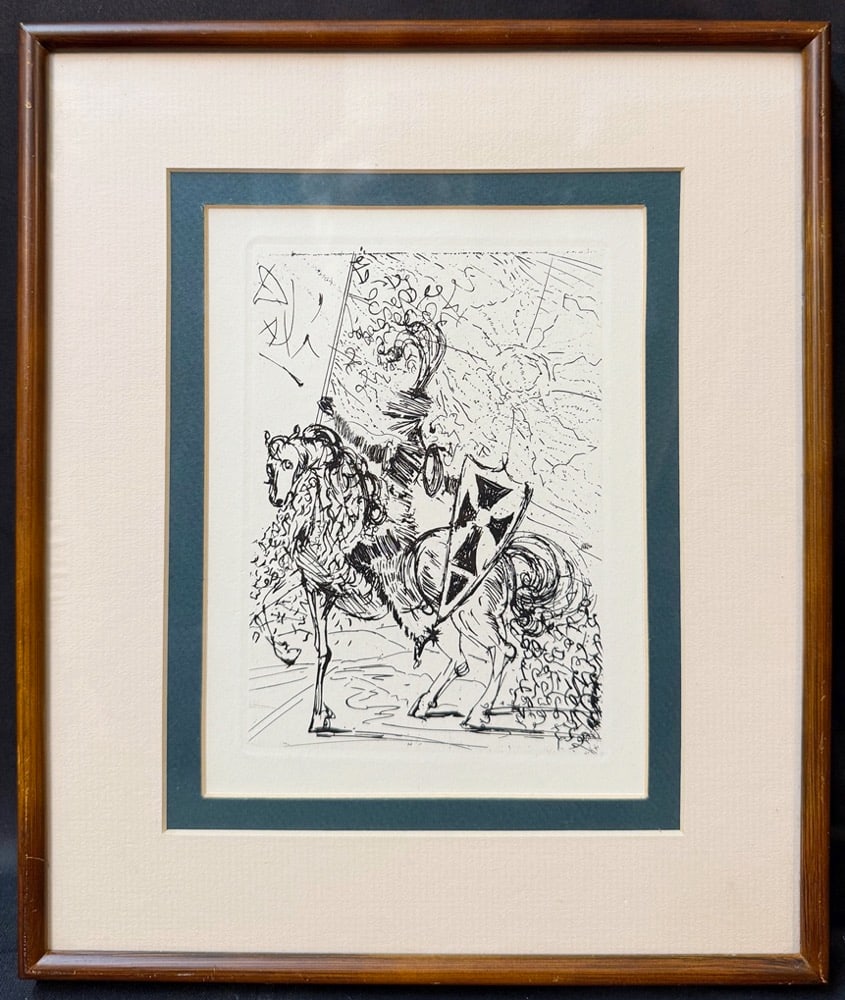 SALVADOR DALI (1904-1989) ORIGINAL ETCHING TITLED EL CID WITH COA, 11IN x 13IN (28cm x 33cm): An original etching by Salvador Dalí, titled El Cid, depicting the legendary Spanish hero Rodrigo Díaz de Vivar mounted on horseback. Executed in Dalí’s highly expressiv