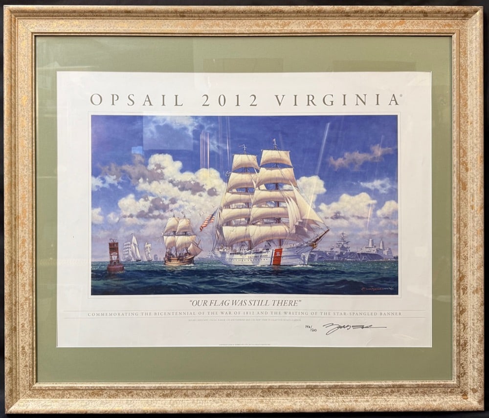 JOHN MORTON BARBER (1948) SIGNED LIMITED EDITION OUR FLAG WAS STILL THERE, OPSAIL EAGLE, WAR OF THE: A striking and highly collectible limited edition maritime print by noted American marine artist John M. Barber, created for the official OpSail 2012 Virginia celebration commemorating the bicentennia