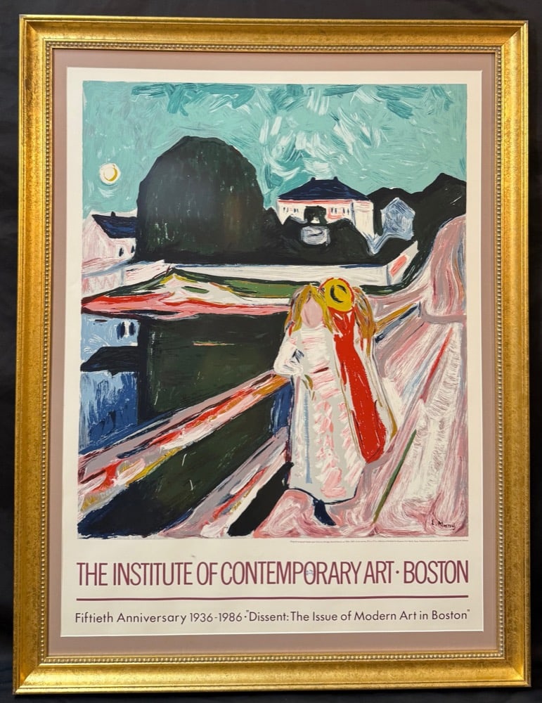 EDVARD MUNCH (1863-1944) GIRLS ON A BRIDGE, INSTITUTE OF CONTEMPORARY ART BOSTON 1986 EXHIBITION: Striking museum exhibition poster featuring Edvard Munch’s iconic composition Girls on a Bridge, issued in 1986 for the fiftieth anniversary of the Institute of Contemporary Art, Boston (1936