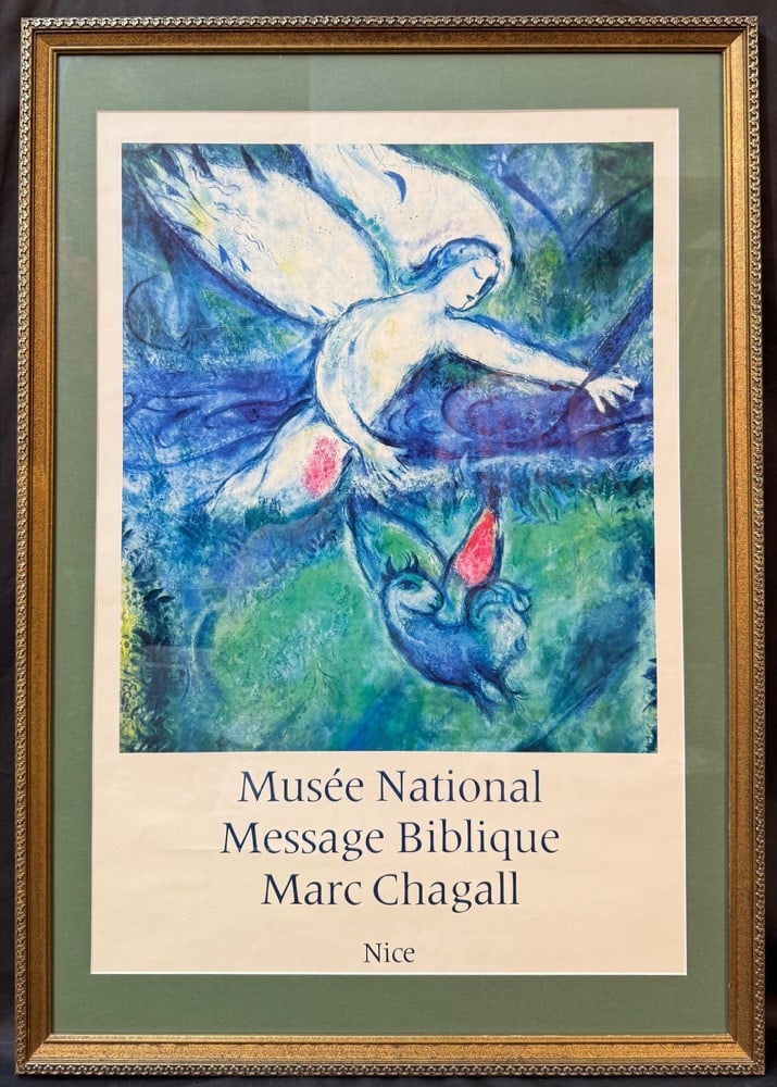 MARC CHAGALL (1887-1985) ORIGINAL EXHIBITION LITHOGRAPH FOR THE MUSEE NATIONAL IN NICE, 24IN x 34IN: Marc Chagall (1887-1985) original lithograph poster created for an exhibition of Chagall’s works at the Musee National in Nice, France in 1973. The underlying piece is titled Adam and Eve Expell