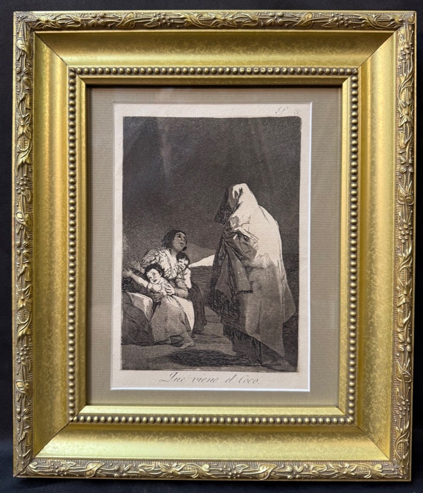 FRANCISCO JOSE DE GOYA Y LUCIENTES (1746-1828), ETCHING AND AQUATINT, 11.5IN x 13.5IN (29cm x 34cm): This is a finely printed, posthumous impression of Plate 3, which is titled Que Viene el Coco or Here Comes the Bogeyman, from Francisco de Goya’s seminal satirical series Los Cap