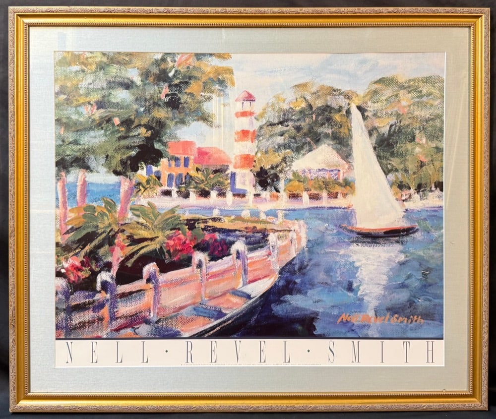 NELL REVEL-SMITH (20TH CENTURY) HARBOR TOWN 1990, LARGE FRAMED COASTAL HARBOR ART PRINT, MCGAW (1 of 6)