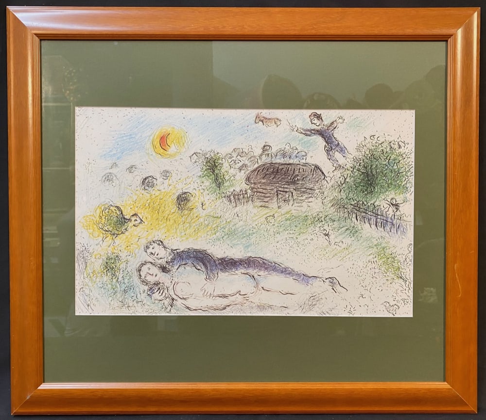 MARC CHAGALL (1887-1985) ORIGINAL LITHOGRAPH TITLED LES AMOUREUX A L?ISBA 24.5IN x 28IN (62cm x: Marc Chagall (1887-1985) original, limited-edition lithograph. It is titled Les Amoureux a L’Isba and it was produced by Maeght Editeur, Paris for Derriere Le Mirior number 246. This piece was p