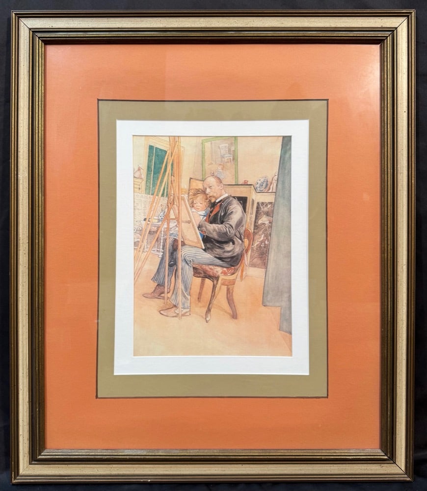 CARL LARSSON (1853-1919) LITHOGRAPH TITLED SELF PORTRAIT WITH BRITA, 23.5IN x 27.5IN (60cm x 70cm): Lithograph by Swedish artist Carl Larsson (1853-1919). This piece is titled Self Portrait with Brita, and it is after the original which was painted by the artist in the 1895, and currently hangs in t