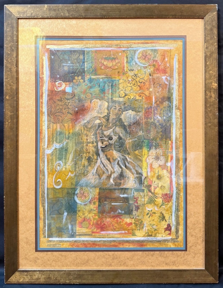KLIMT INSPIRED GOLD MIXED MEDIA FIGURATIVE ARTWORK, 28.5IN x 37IN (72cm x 94cm): A richly layered and visually captivating mixed-media figurative artwork, executed in a luminous palette of gold, ochre, and warm earth tones, and presented in an elegant, substantial frame. The compo